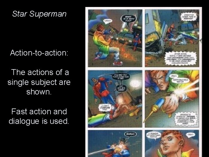 Star Superman Action-to-action: The actions of a single subject are shown. Fast action and