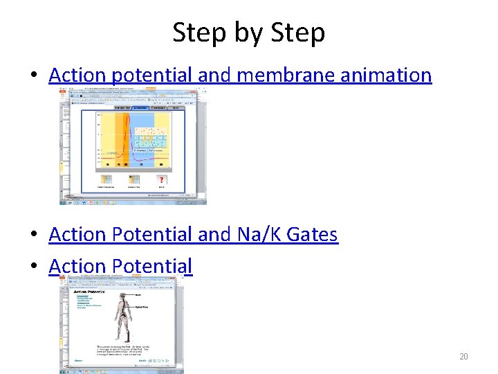 Step by Step • Action potential and membrane animation • Action Potential and Na/K