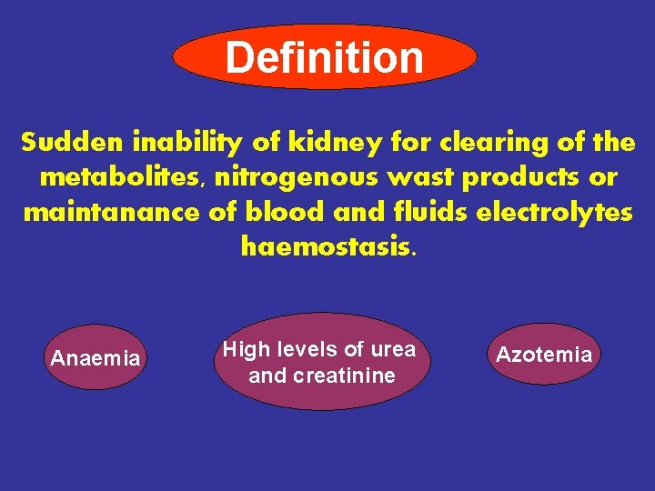 Definition Sudden inability of kidney for clearing of the metabolites, nitrogenous wast products or