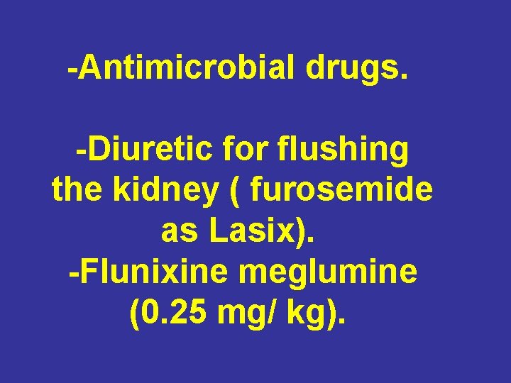 -Antimicrobial drugs. -Diuretic for flushing the kidney ( furosemide as Lasix). -Flunixine meglumine (0.