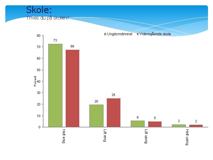 Skole: Trives du på skolen? Ungdomstrinnet 80 Videregående skole 73 68 70 60 Prosent