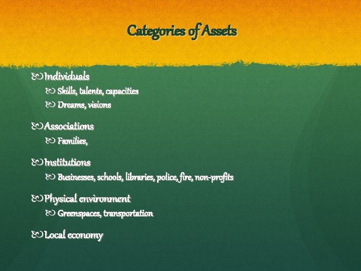 Categories of Assets Individuals Skills, talents, capacities Dreams, visions Associations Families, Institutions Businesses, schools,