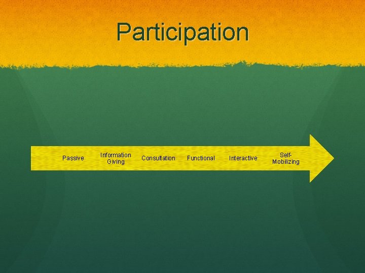 Participation Passive Information Giving Consultation Functional Interactive Self. Mobilizing 