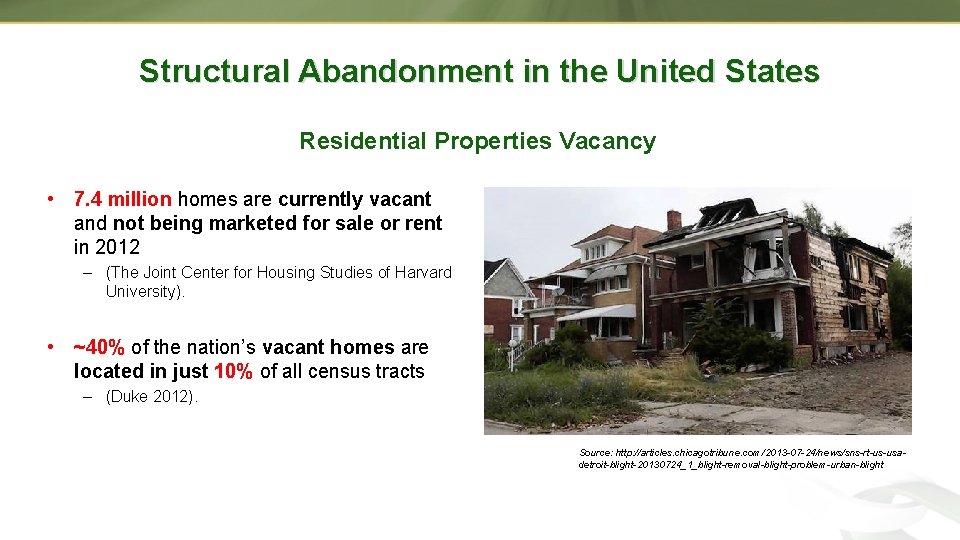 Structural Abandonment in the United States Residential Properties Vacancy • 7. 4 million homes