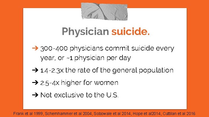 Physician suicide. ➔ 300 -400 physicians commit suicide every year, or ~1 physician per