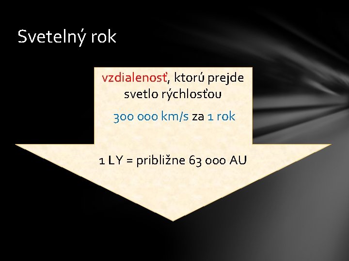 Svetelný rok vzdialenosť, ktorú prejde svetlo rýchlosťou 300 000 km/s za 1 rok 1