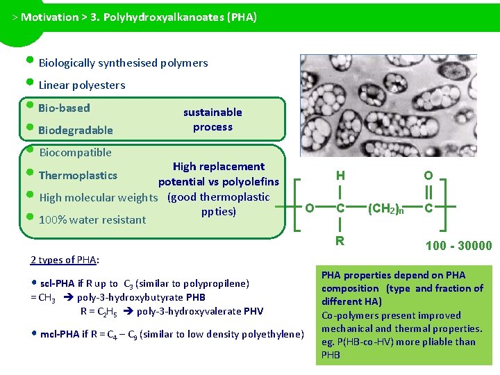 > Motivation > 3. Polyhydroxyalkanoates (PHA) • Biologically synthesised polymers • Linear polyesters •