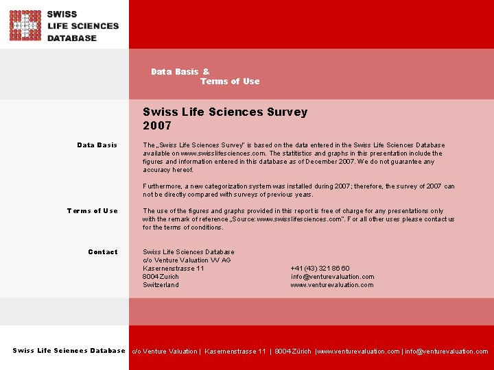 Data Basis & Terms of Use Swiss Life Sciences Survey 2007 Data Basis The