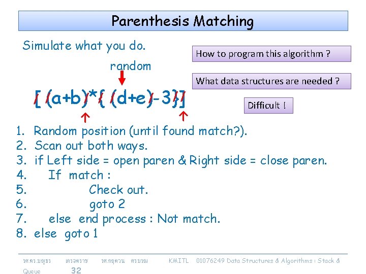 Parenthesis Matching Simulate what you do. How to program this algorithm ? random What