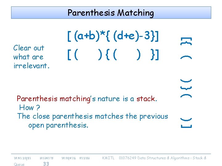 ){( ) }] Parenthesis matching’s nature is a stack. How ? The close parenthesis