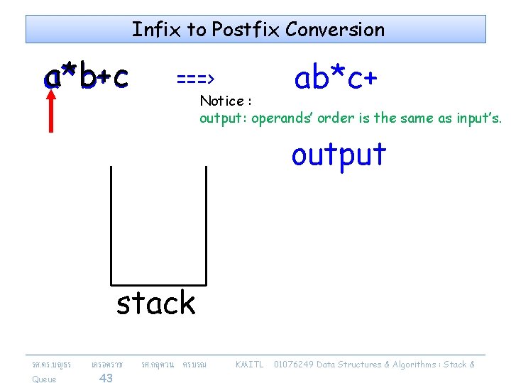 Infix to Postfix Conversion aa*b+c * b+ c ab*c+ ===> Notice : output: operands’