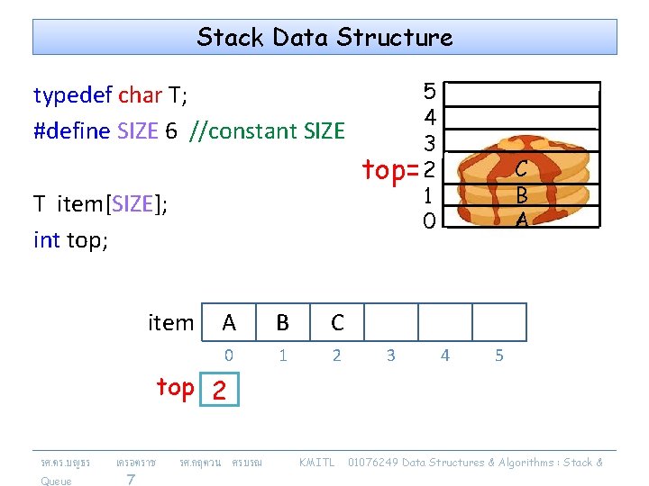 Stack Data Structure typedef char T; #define SIZE 6 //constant SIZE T item[SIZE]; int