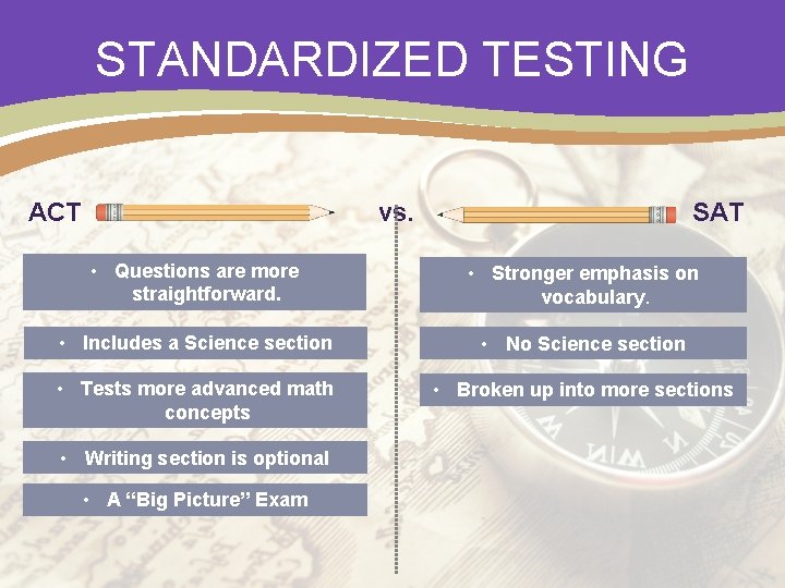 STANDARDIZED TESTING ACT vs. SAT • Questions are more straightforward. • Stronger emphasis on