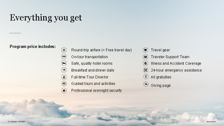 Everything you get Program price includes: Round-trip airfare (+ Free travel day) Travel gear