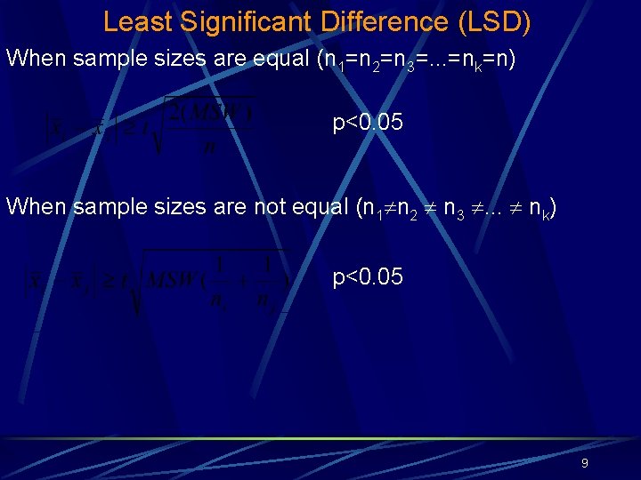 Least Significant Difference (LSD) When sample sizes are equal (n 1=n 2=n 3=. .