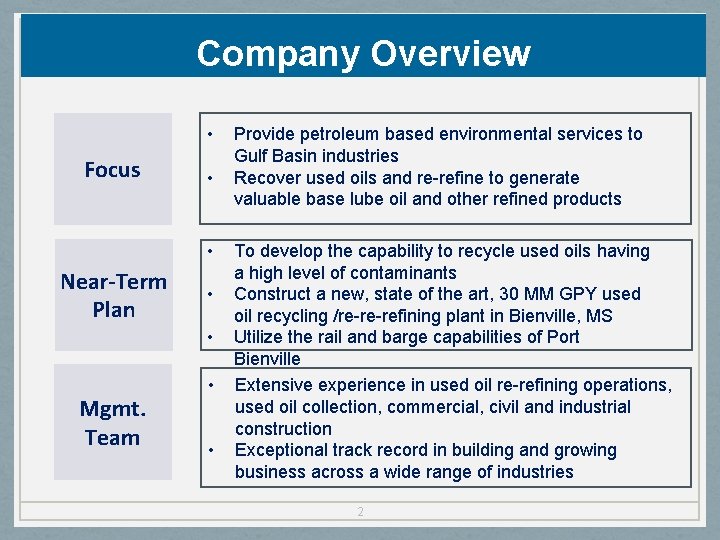 Company Overview • Focus • • Near-Term Plan • • Mgmt. Team • •