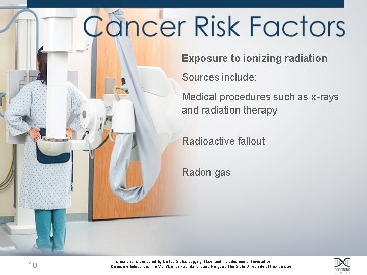 Exposure to ionizing radiation Sources include: Medical procedures such as x-rays and radiation therapy