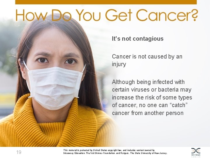 It’s not contagious Cancer is not caused by an injury Although being infected with