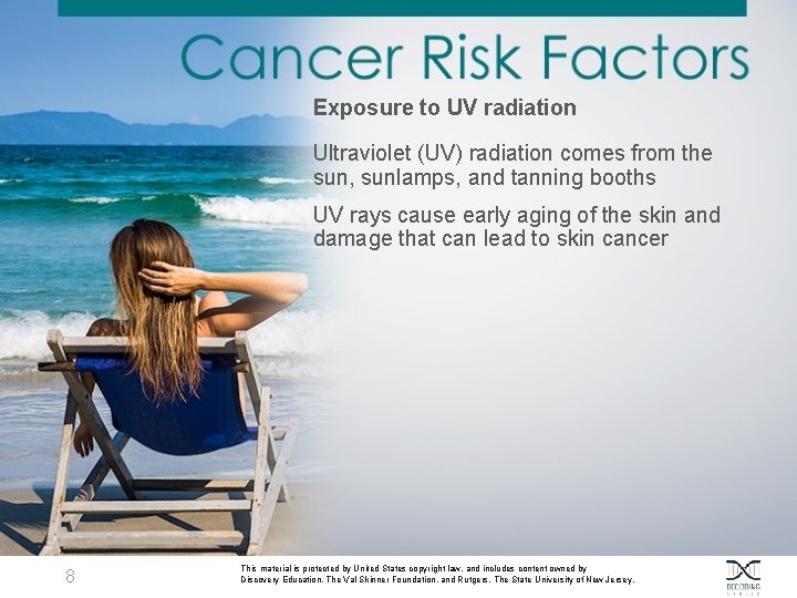 Exposure to UV radiation Ultraviolet (UV) radiation comes from the sun, sunlamps, and tanning