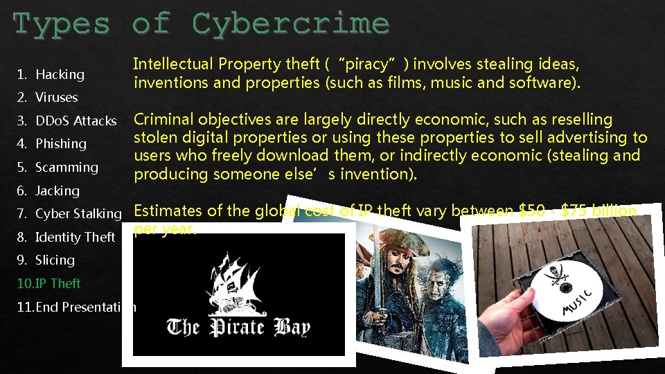 Types Cybercrime Typesofof Cybercrime 1. Hacking 2. Viruses 3. DDo. S Attacks 4. Phishing