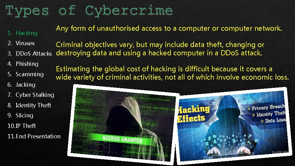 Types Cybercrime Typesofof Cybercrime 1. Hacking Any form of unauthorised access to a computer