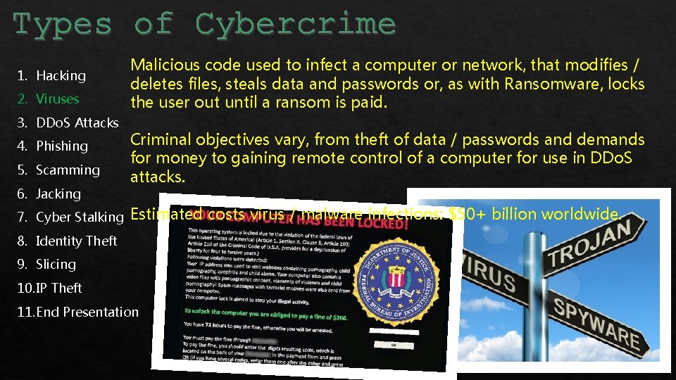 Types Cybercrime Typesofof Cybercrime 1. Hacking 2. Viruses 3. DDo. S Attacks 4. Phishing