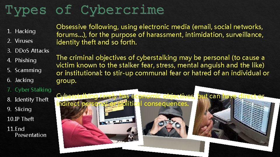 Types Cybercrime Typesofof Cybercrime 1. Hacking 2. Viruses 3. DDo. S Attacks 4. Phishing
