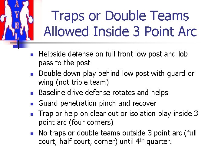 Traps or Double Teams Allowed Inside 3 Point Arc n n n Helpside defense