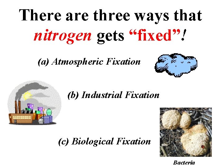 There are three ways that nitrogen gets “fixed”! (a) Atmospheric Fixation (b) Industrial Fixation