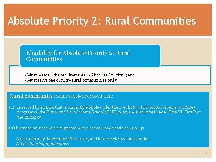Absolute Priority 2: Rural Communities Eligibility for Absolute Priority 2: Rural Communities • Must