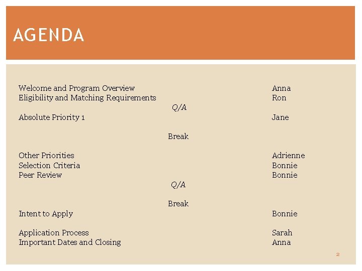 AGENDA Welcome and Program Overview Eligibility and Matching Requirements Anna Ron Q/A Absolute Priority