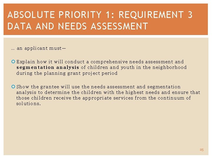 ABSOLUTE PRIORITY 1: REQUIREMENT 3 DATA AND NEEDS ASSESSMENT … an applicant must— Explain