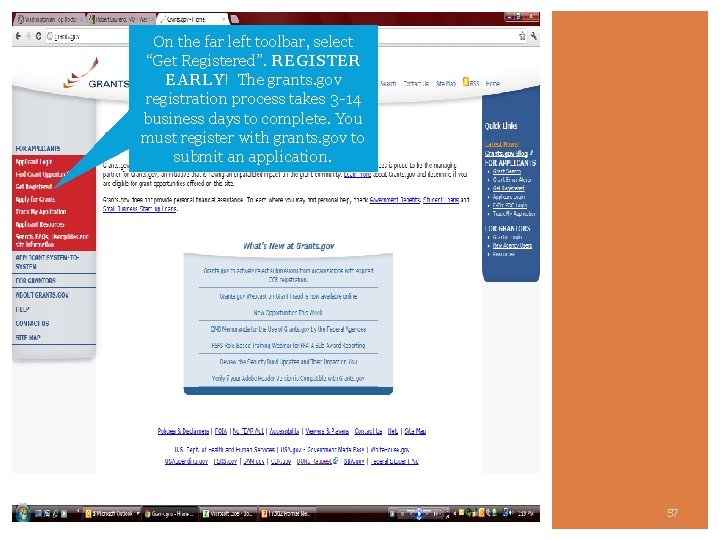 On the far left toolbar, select “Get Registered”. REGISTER EARLY! The grants. gov registration