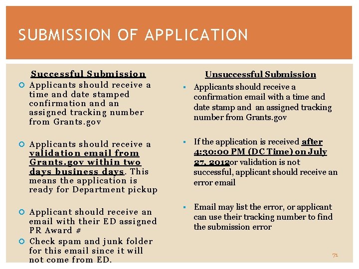 SUBMISSION OF APPLICATION Successful Submission Applicants should receive a time and date stamped confirmation