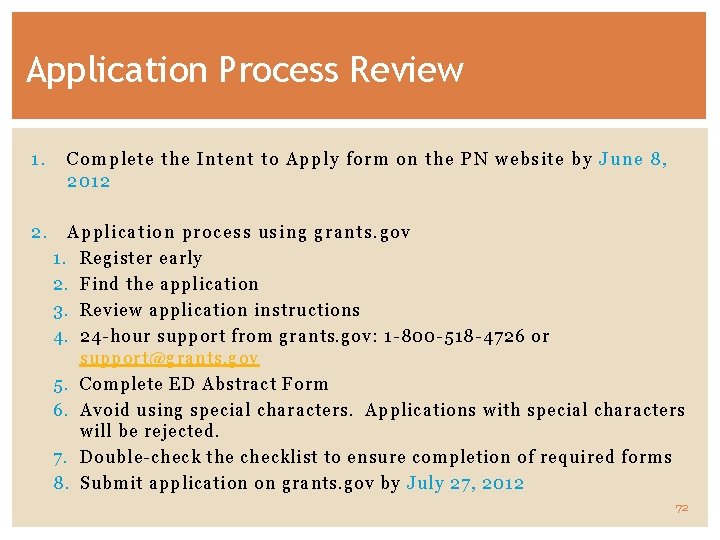 Application Process Review 1. Complete the Intent to Apply form on the PN website