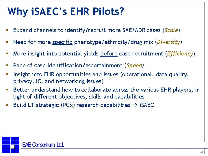 Why i. SAEC’s EHR Pilots? § Expand channels to identify/recruit more SAE/ADR cases (Scale)