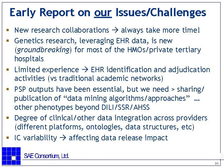 Early Report on our Issues/Challenges § New research collaborations always take more time! §