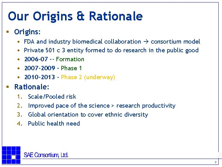 Our Origins & Rationale § Origins: • • • FDA and industry biomedical collaboration