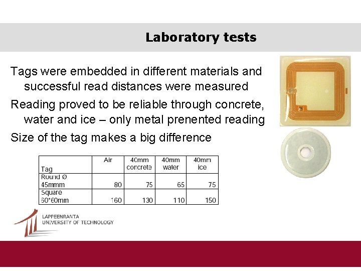 Laboratory tests Tags were embedded in different materials and successful read distances were measured