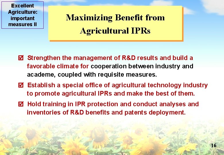 Excellent Agriculture: important measures II Maximizing Benefit from Agricultural IPRs Strengthen the management of