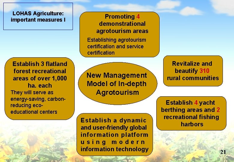LOHAS Agriculture: important measures I Promoting 4 demonstrational agrotourism areas Establishing agrotourism certification and