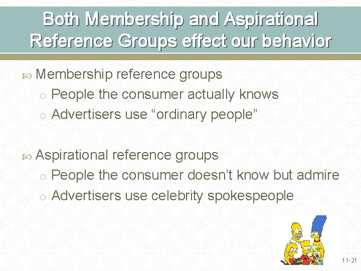 Both Membership and Aspirational Reference Groups effect our behavior Membership reference groups o People