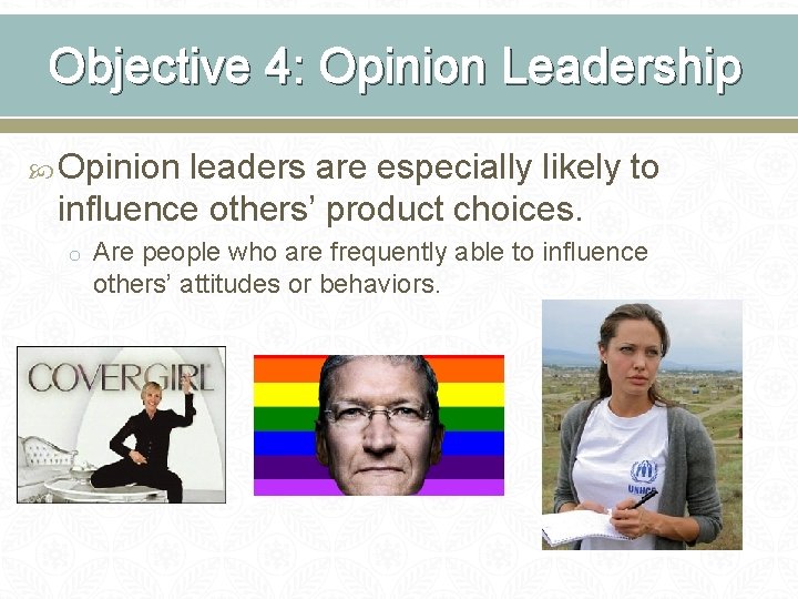 Objective 4: Opinion Leadership Opinion leaders are especially likely to influence others’ product choices.