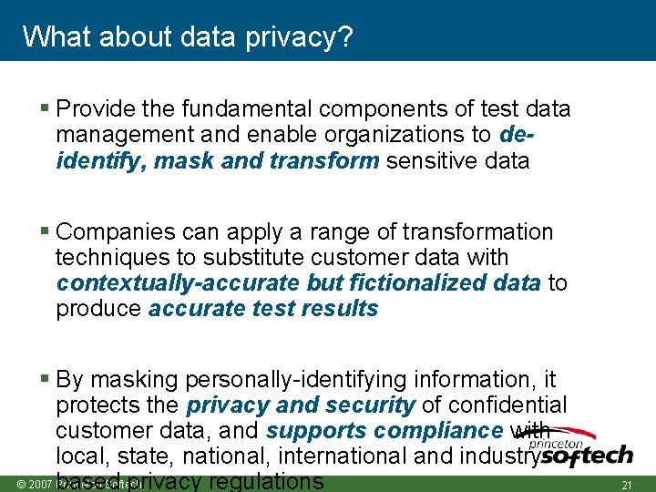 What about data privacy? Provide the fundamental components of test data management and enable