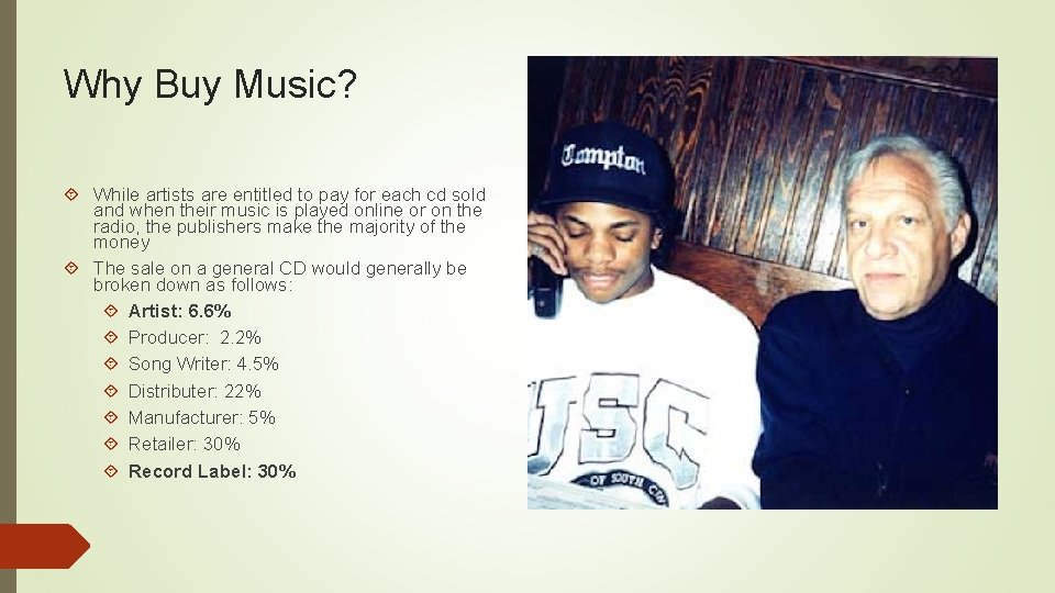 Why Buy Music? While artists are entitled to pay for each cd sold and
