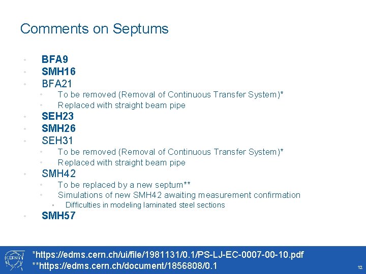 Comments on Septums • • • BFA 9 SMH 16 BFA 21 To be