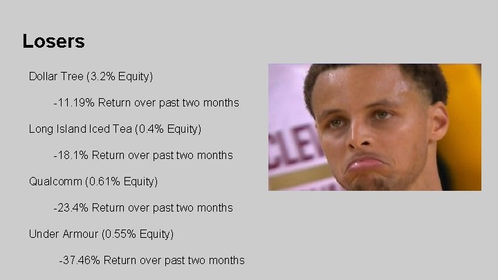 Losers Dollar Tree (3. 2% Equity) -11. 19% Return over past two months Long