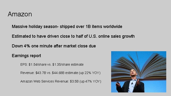 Amazon Massive holiday season- shipped over 1 B items worldwide Estimated to have driven