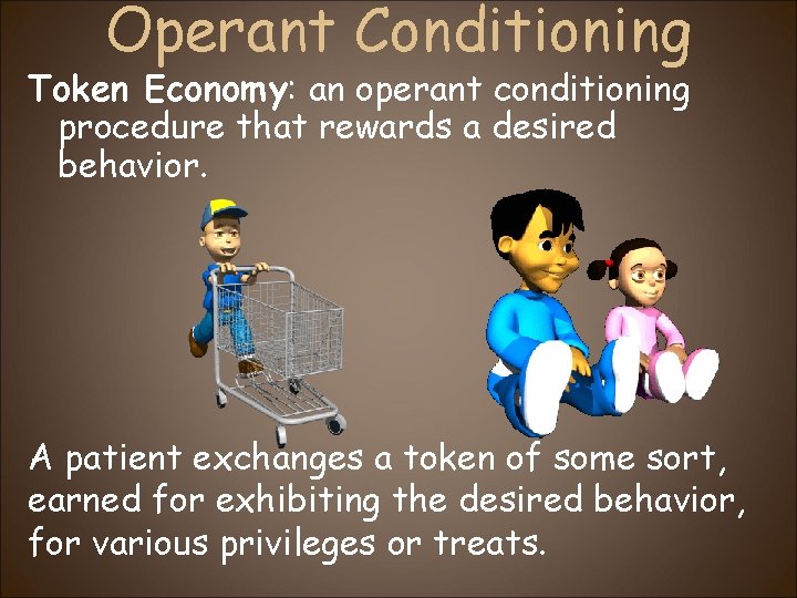 Operant Conditioning Token Economy: an operant conditioning procedure that rewards a desired behavior. A