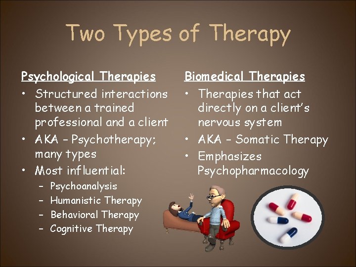 Two Types of Therapy Psychological Therapies Biomedical Therapies • Structured interactions between a trained
